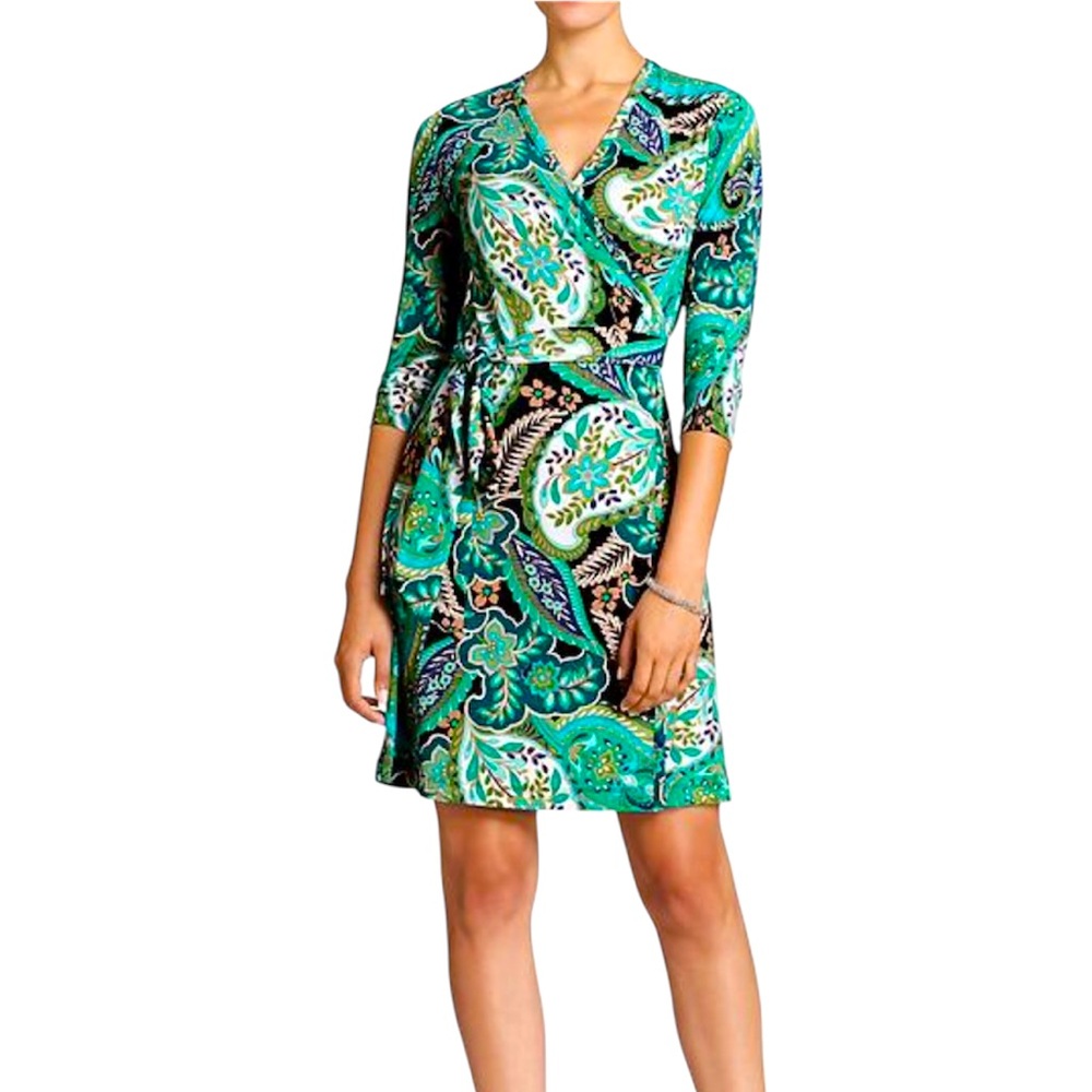 Banana Republic Womens XLPaisley Wrap Dress Colorful Long Sleeve Beach Pool Work